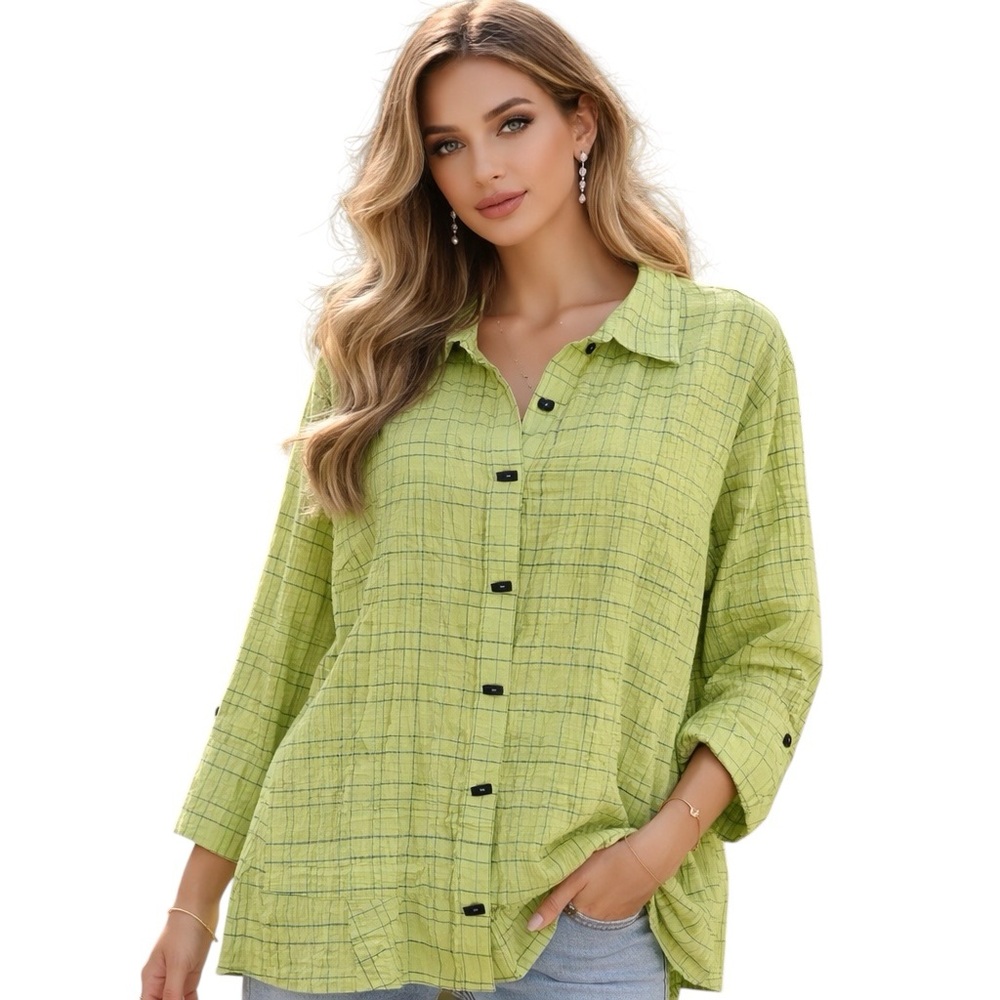 Ali Miles Artsy Tunic Top Size  XL Green Black Loose Oversized Lagenlook